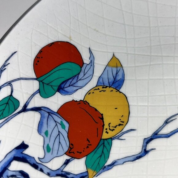 Vintage Japanese Porcelain Serving Bowl 10" Fruit and Branch Silver Rim Texture - Picture 6 of 10